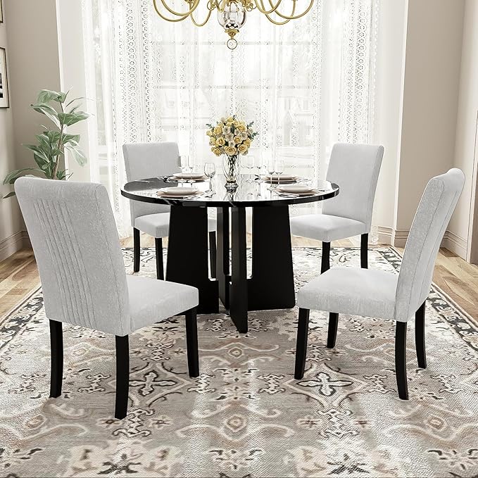 Merax 5-Piece Round Dining Table Set, Modern 4 Upholstered Chairs by Merax