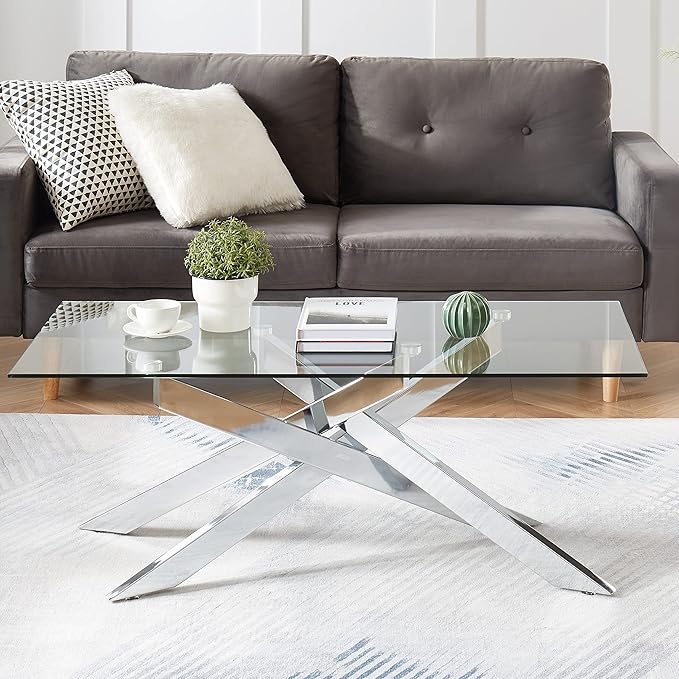 Rectangle Modern Coffee Table, Tempered Glass Top and Metal Tubular Leg - Image 3