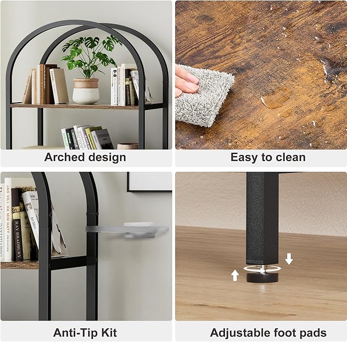 Homhedy 6-Tier Bookshelf Arched Display Racks, Wood and Metal Bookcase - Image 5