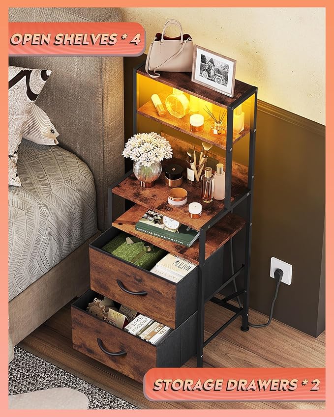 WLIVE Nightstand with Charging Station, LED Night Stand with 2 Drawers and 4 - Image 6
