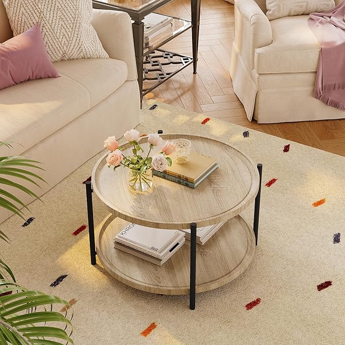 Round Coffee Table for Living Room, Rustic Wood Desktop Center Table - Image 8