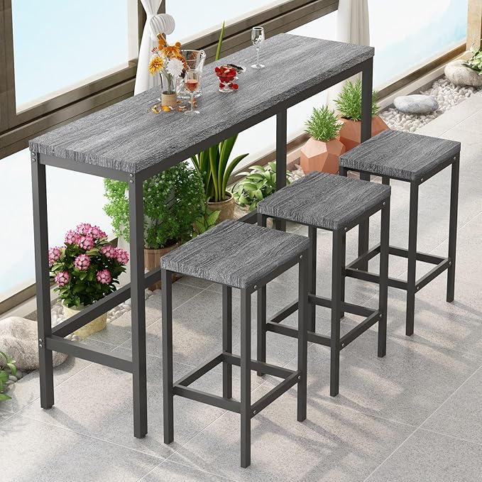KEIKI 60.24” Long Bar High Top Dining Table and 3 Stools Chairs Set, Wood by Unknown
