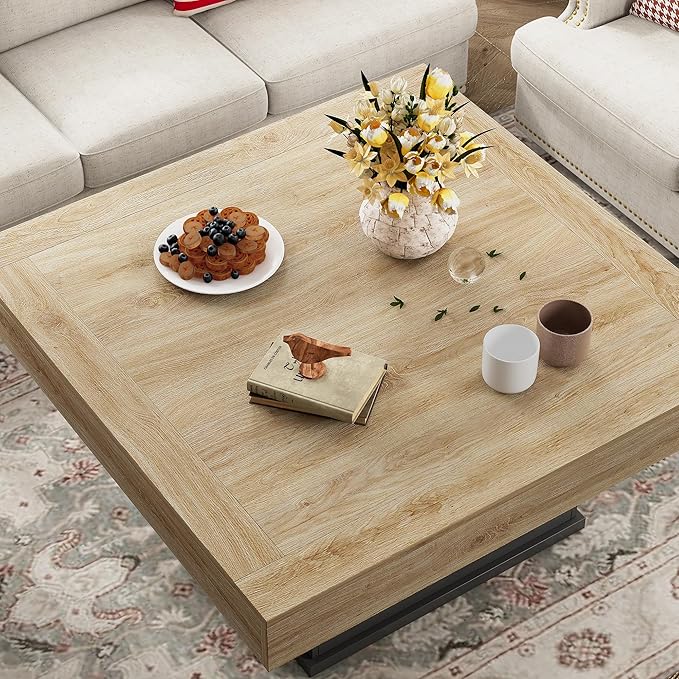 LED Coffee Tables for Living Room, Farmhouse Wood Coffee Table, 33.5" Square - Image 9