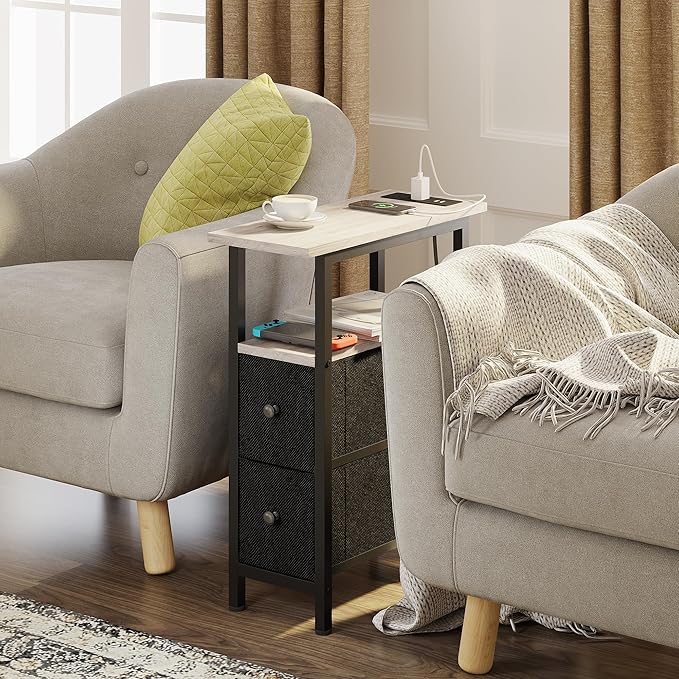 End Table Set 2 with Charging Station, Narrow Side Table with 2 Fabric Drawers - Image 2