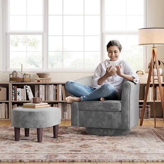 LINSY Swivel Accent Chair with Ottoman: Small Velvet Barrel Chair 360 Swivel - Image 6