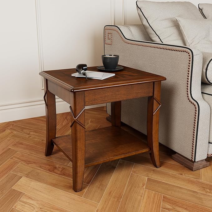Solid Wood Side Table with Storage Shelf, Cherry Wood End Tables Living Room by MIAUWUUFHOME