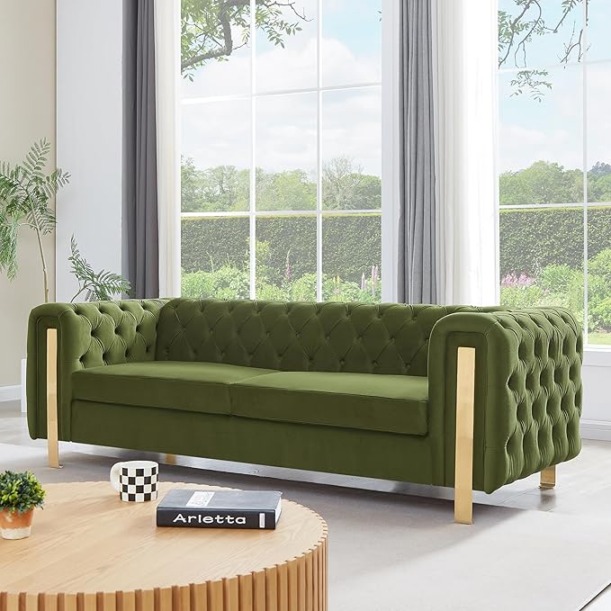 Merax Comfy 3-seat Sofa with Tufted Back and Arm and Gold Iron Legs, Modern - Image 7
