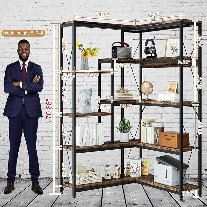 Shintenchi 5 Tiers Corner Bookshelf, 70.86" Tall L-Shaped Bookcase, Large - Image 3