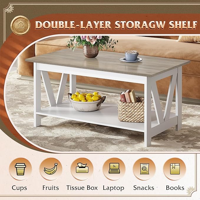 WLIVE Coffee Table with Storage Shelf, 39.4" Farmhouse Coffee Table with - Image 5