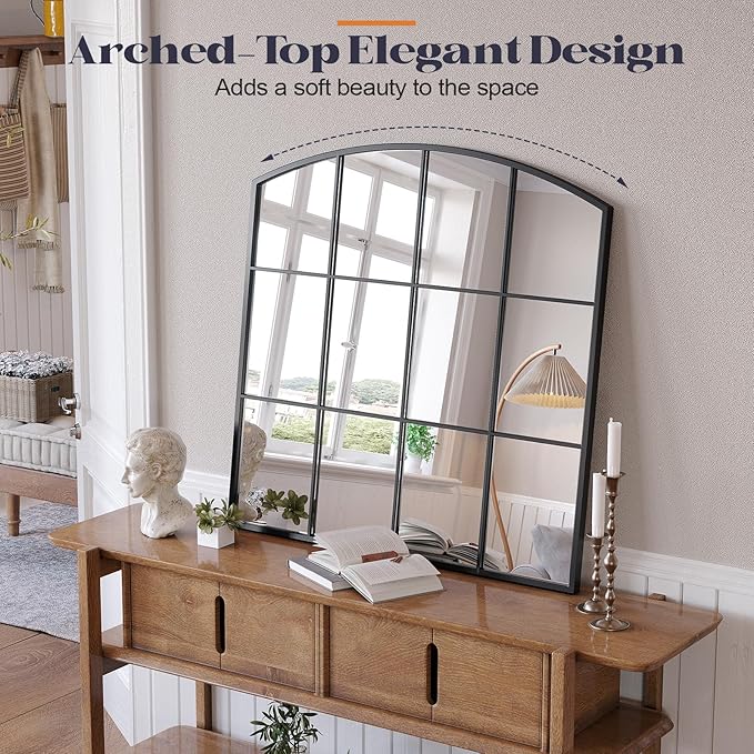 Window Pane Black Mirror, Large Arch Grid Mirror - Image 3