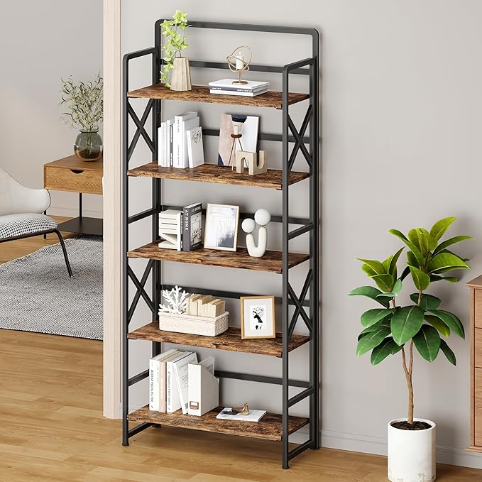No Assembly Folding Bookshelf, 5 Tiers Vintage Wood Collapsible Book Shelf - Image 2