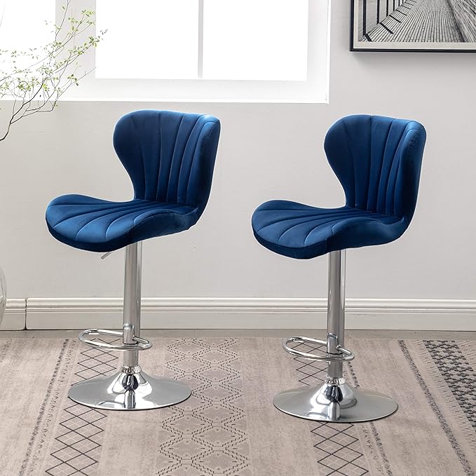 Roundhill Furniture Ellston Velvet Adjustable Swivel Barstools in Blue - Image 6