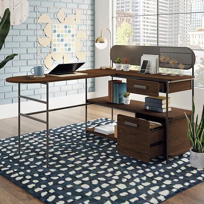 Sauder Radial Modern Metal and Wood L-Shaped Desk, Umber Wood Finish - Image 4