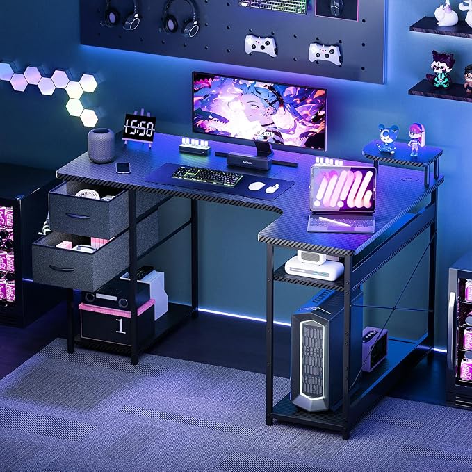 GTPLAYER L Shaped Desk with Drawers, Carbon Fiber Style Computer Desk with - Image 7