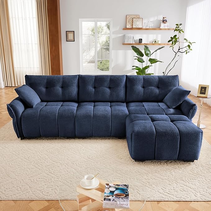Modern Chenille Fabric 3-Seat Sofa w/Ottoman+2 Pillows, Premium Upholstery by FAVSH