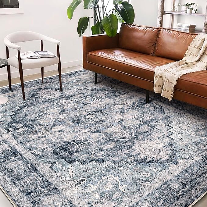 Washable Area Rug 10'x14' Dark Blue Retro Flowers Boho Design Non-Shedding Easy - Image 2
