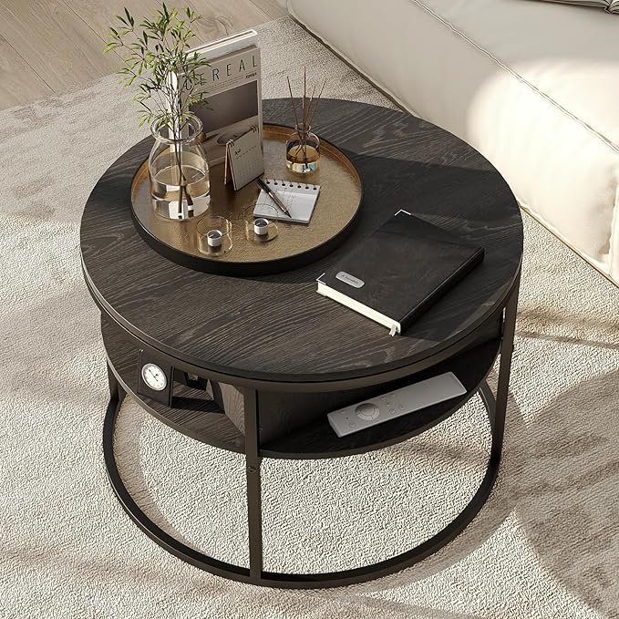 Round Lift Top Coffee Table, Coffee Tables Living Room, Wood Farmhouse Coffee - Image 3