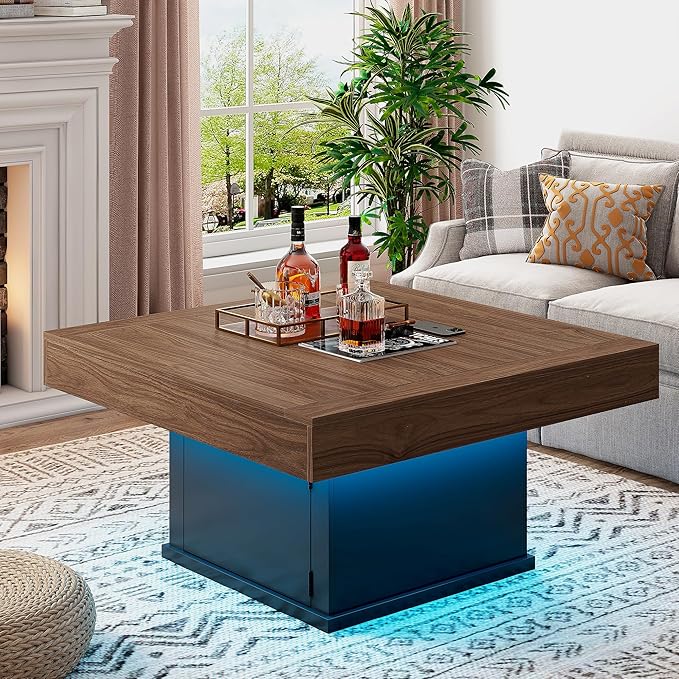 LED Coffee Tables for Living Room, Farmhouse Wood Coffee Table, 33.5" Square - Image 4