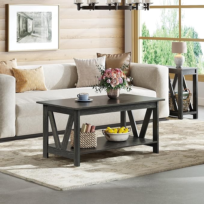 WLIVE Coffee Table with Storage Shelf, 39.4" Farmhouse Coffee Table with - Image 7