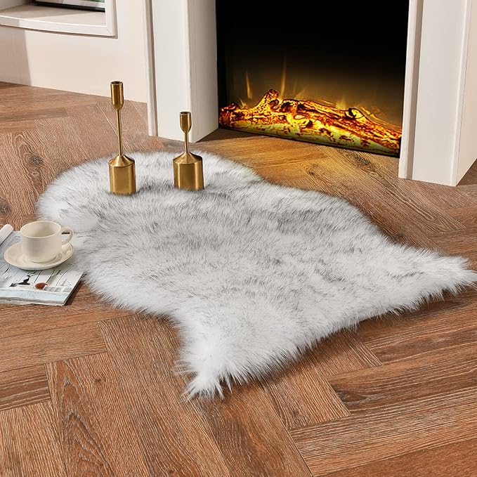 duduta White Black Faux Sheepskin Throw Rug 2x3 ft, Fluffy Shag Fur Chair Cover by Duduta