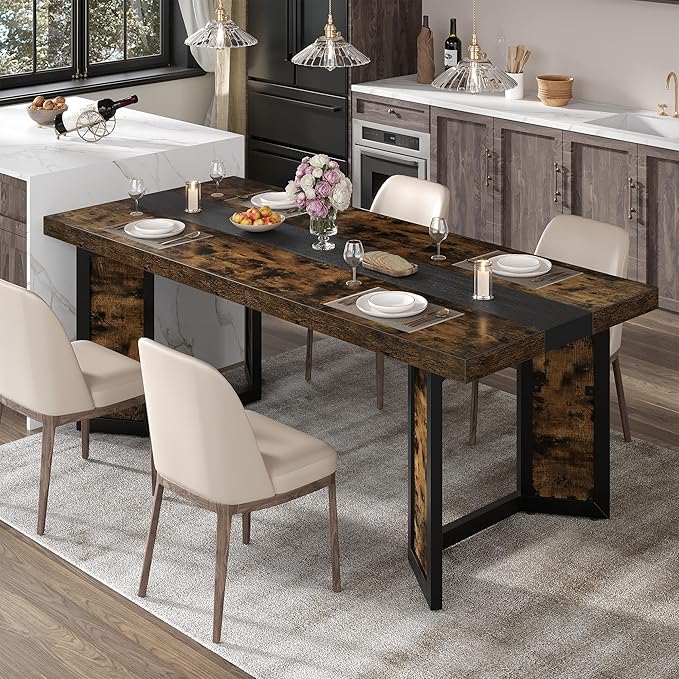 Industrial Dining Table for 6-8 People, Rustic Style Rectangular Dinner Table - Image 6