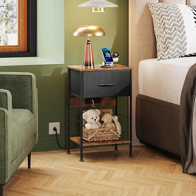 WLIVE Nightstand with Charging Station, Night Stand with 1 Fabric Drawer and - Image 2