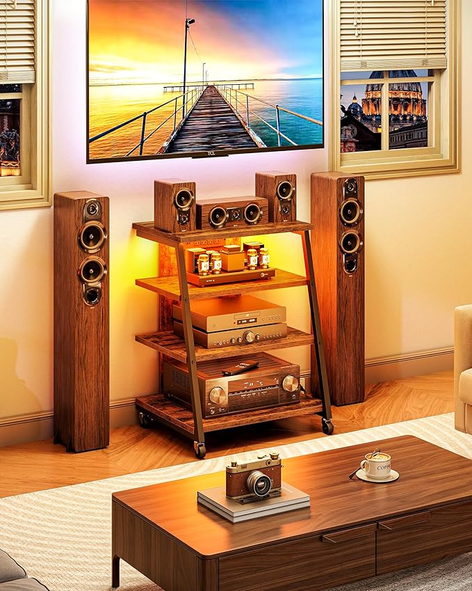 4-Tier AV Media Stand with Wheels, Stereo Stands, Media Console Shelf with - Image 4