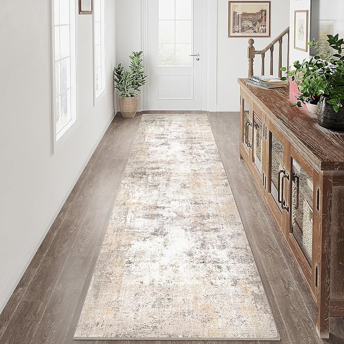 3x12 Washable Runner Rug Beige Grey Neutral Abstract Hallway Kitchen Living by WondRg