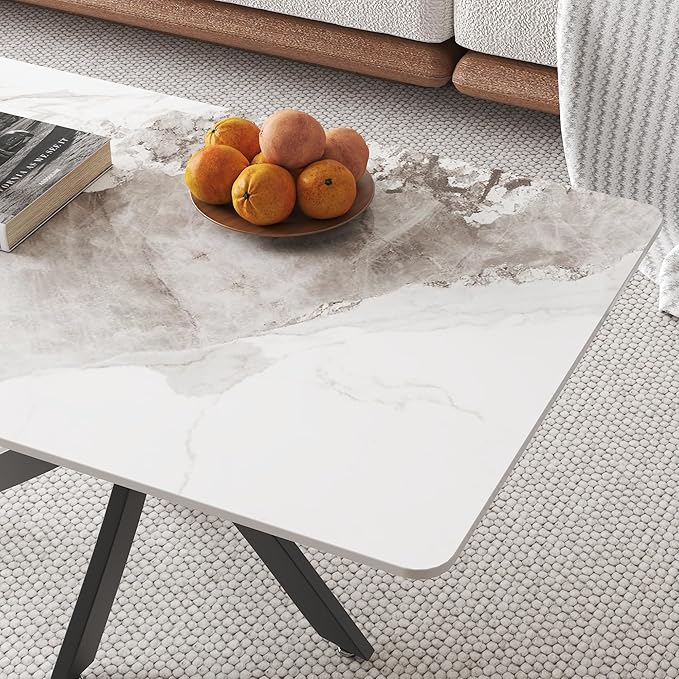 White Marble Coffee Table with Metal Legs, Rectangle Modern Sintered Stone - Image 5