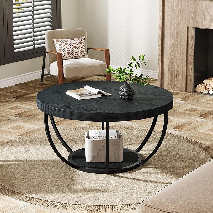 Tribesigns Black Round Coffee Table, 31.7" Modern 2-Tier Circle Coffee Table - Image 4