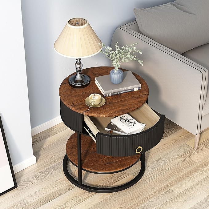 OIOG Round End Table with Drawer, Modern Wood Grain Side Table with Shelf - Image 3