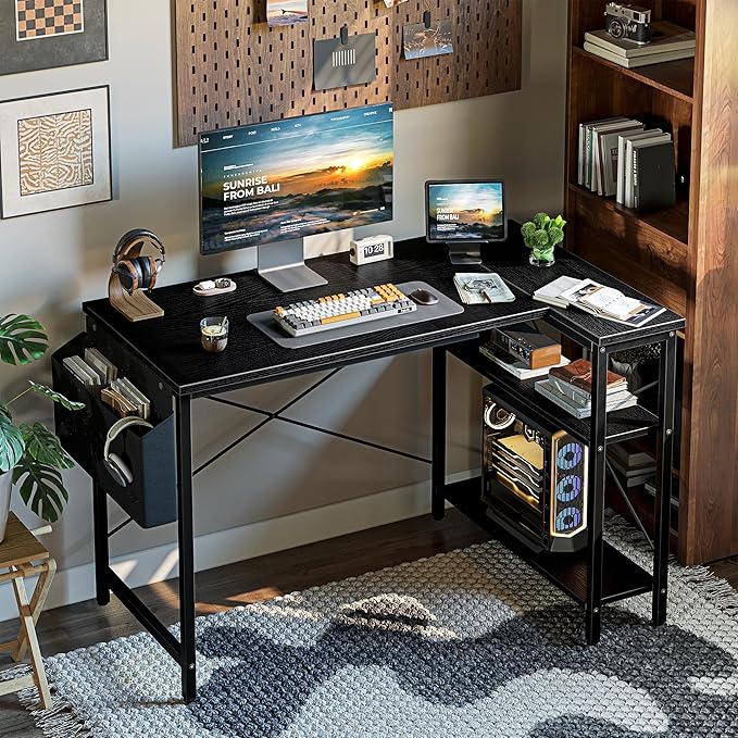 L Shaped Computer Desk with Reversible Shelves, 47 Inch Small Corner Desk with - Image 2