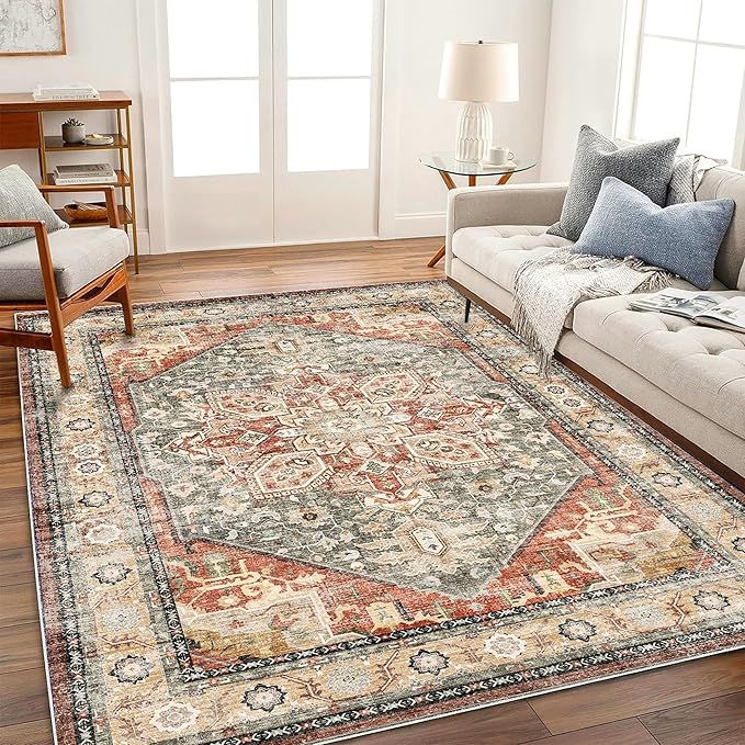 Washable Area Rug 10'x14' Red Khaki Retro Flowers Boho Design Non-Shedding Easy - Image 3