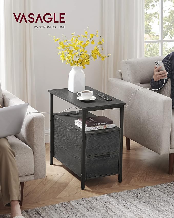 VASAGLE Side Table with Charging Station, Narrow End Table with 2 Drawers - Image 2