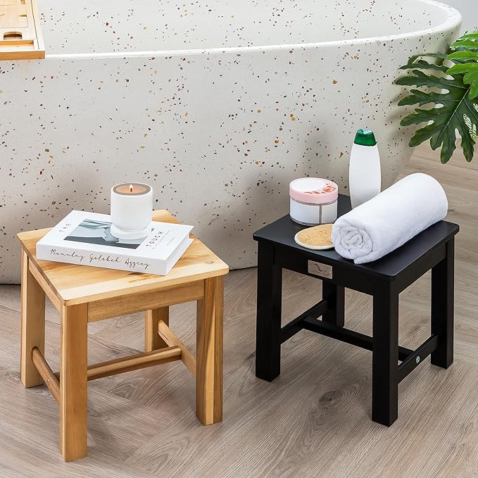 12 Inch Wooden Black Step Stool, Small Nature Beach Chair Under Desk, Indoor - Image 2