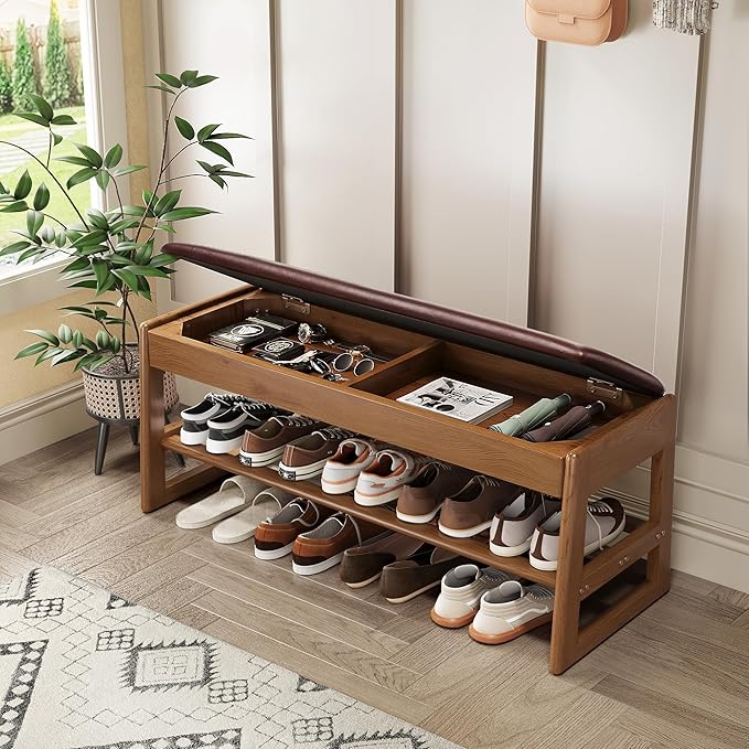Shoe Rack Bench Seat Rubberwood 2-Tier Wooden Storage Bench 550lbs Compact by IUNVR