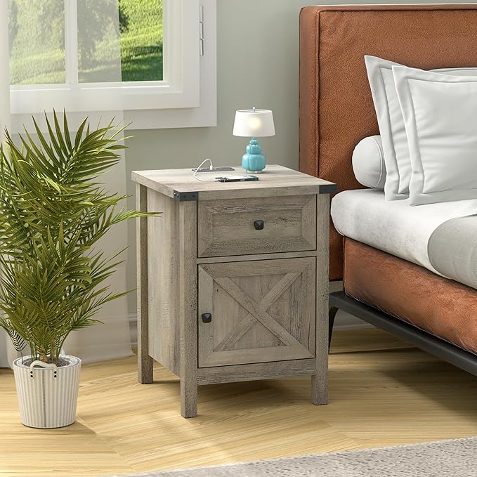 Rustic Nightstand with Charging Station, Night Stand with Barn Door and Drawer by HOME