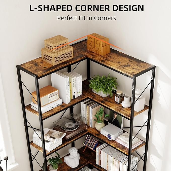 Shintenchi 5 Tier Corner Bookshelf, L Shaped Bookcase, Large Etagere Bookcase - Image 4