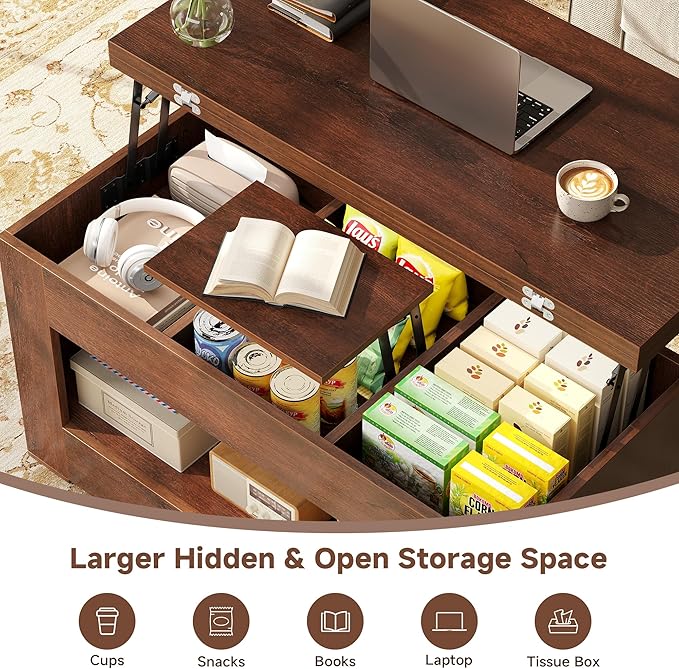 40" Lift Top Coffee Table, 4 in 1 Multi-Function Lift Coffee Table - Image 4