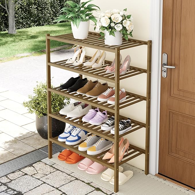 Smiry Shoe Rack, 5 Tier Thick Bamboo Shoe Organizer, Stackable Free Standing - Image 7