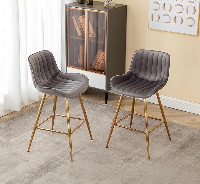 Sidanli Gold Bar Stools, 24” Velvet Barstools, Kitchen Chairs Set of 2 by Sidanli