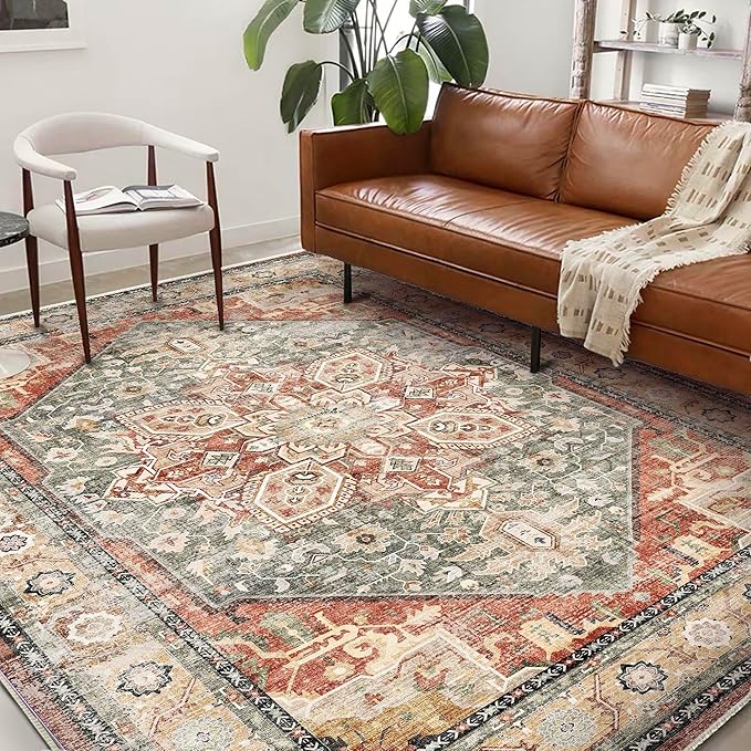 Washable Area Rug 10'x14' Red Khaki Retro Flowers Boho Design Non-Shedding Easy - Image 2
