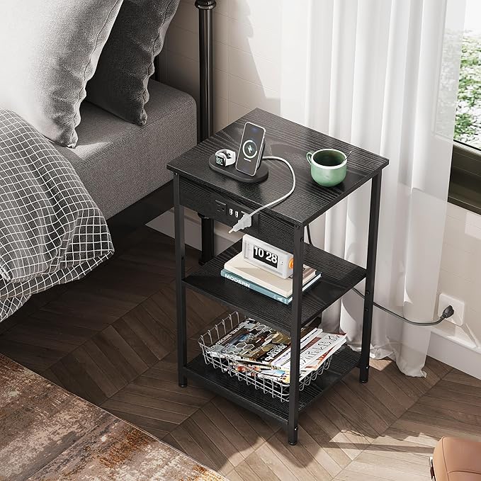 WLIVE Black End Table with Charging Station, Slim Night Stand with 3 Storage - Image 7