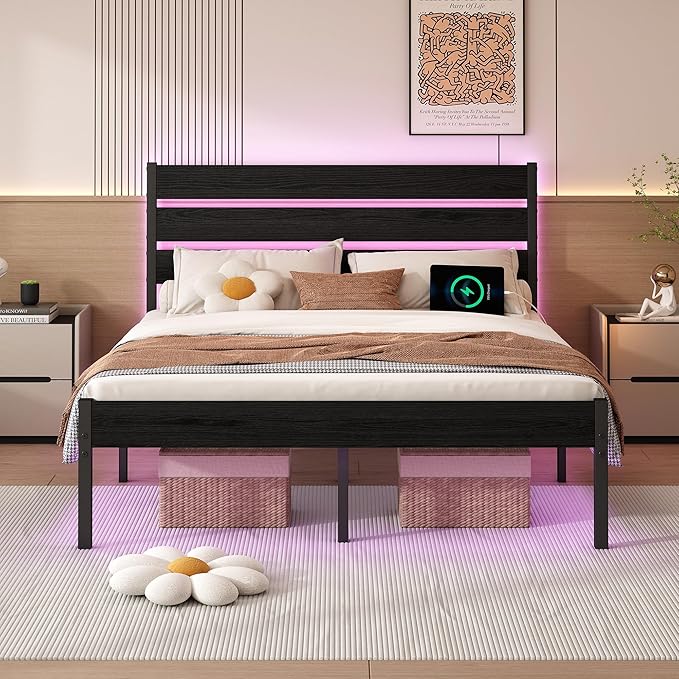 Full Size Bed Frame with Headboard, Heavy Duty LED Bed Frame with USB Charging by ChuangshuoGuard