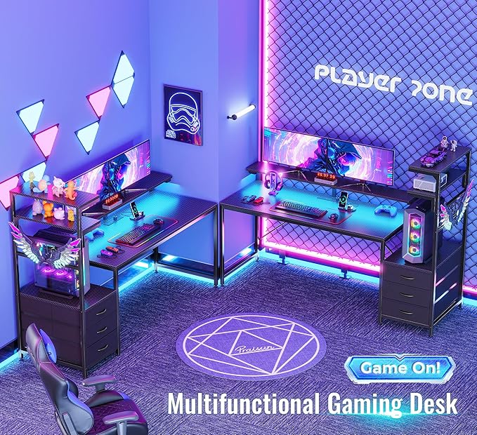 PRAISUN 61.7" Gaming Desk with LED Lights & Outlets, Computer Desk with 3 - Image 3