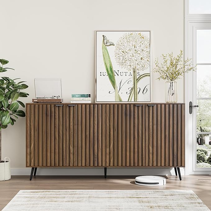 Smuxee 63" Fluted Sideboard Cabinet, Freestanding Walnut Buffet Cabinet - Image 7