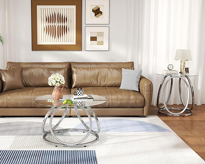 O&K FURNITURE Silver Coffee Table, Modern Glass Coffee Table Living Room Table - Image 7