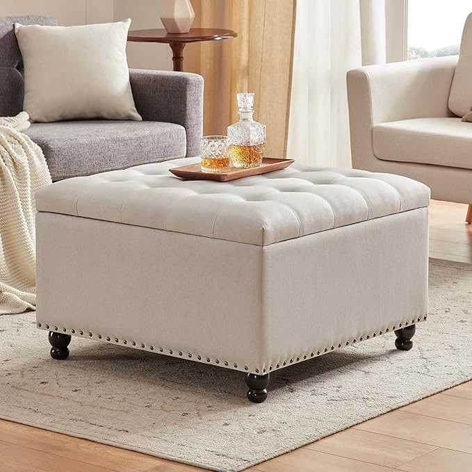 Tbfit Large Square Storage Ottoman Bench, Botton Tufted Upholstered Coffee Table by TBfit