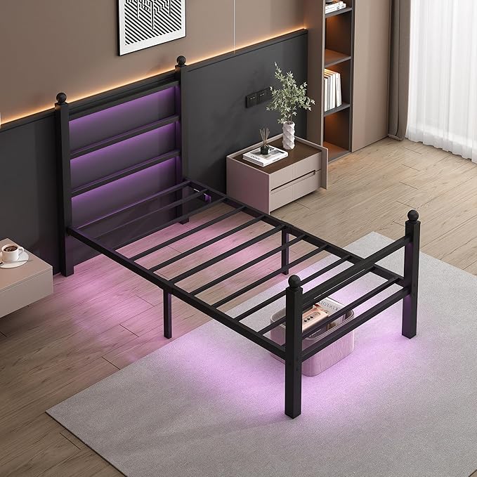 Twin Bed Frame with Headboard and Footboard, Steel Slats Support-LED Bed Frame - Image 3