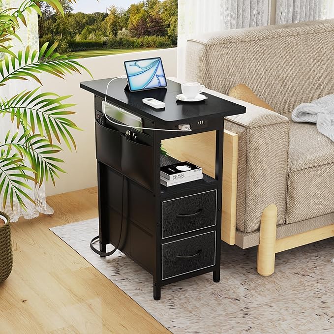 Small Side Table with Charging Station, Narrow Nightstand Bedside Tables with - Image 7